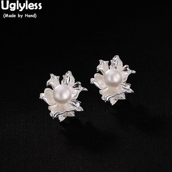 

uglyless natural freshwater pearls studs earrings women engagement statement fine jewelry handmade solid 925 silver flower studs, Golden;silver