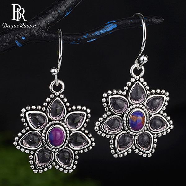 

bague ringen elegant amethyst earrings for women vintage thai silver 925 jewelry purple flower ear drops blossom dating gift