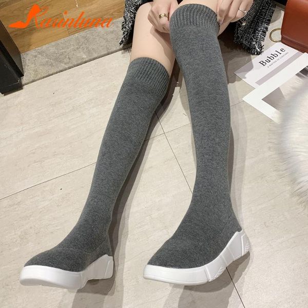 

karin 2020 new design stretch fabric over the knee boots woman shoes platform comfortable concise shoes lady boots female, Black