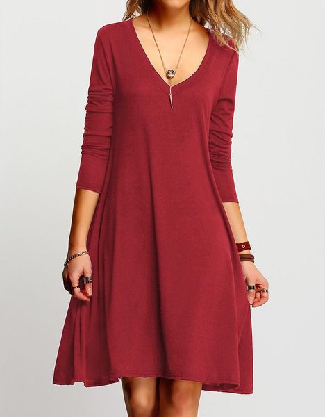 

summer woman clothe plus size cotton blends solid long sleeve ruffles tshirt v-neckline a-line red dress, Black;gray