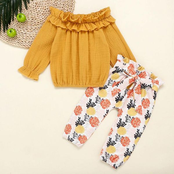 

brand baby girls autumn clothes set toddler baby girls solid long sleeve solid ruffle +floral print pants outfits set, White