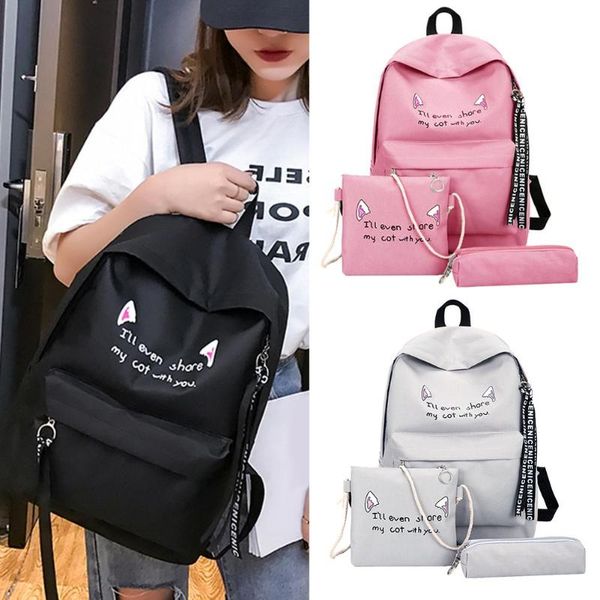 

3pcs/set cat print backpacks women canvasteenager student school travel bags pink black pen bags clutch mochila feminina mujer