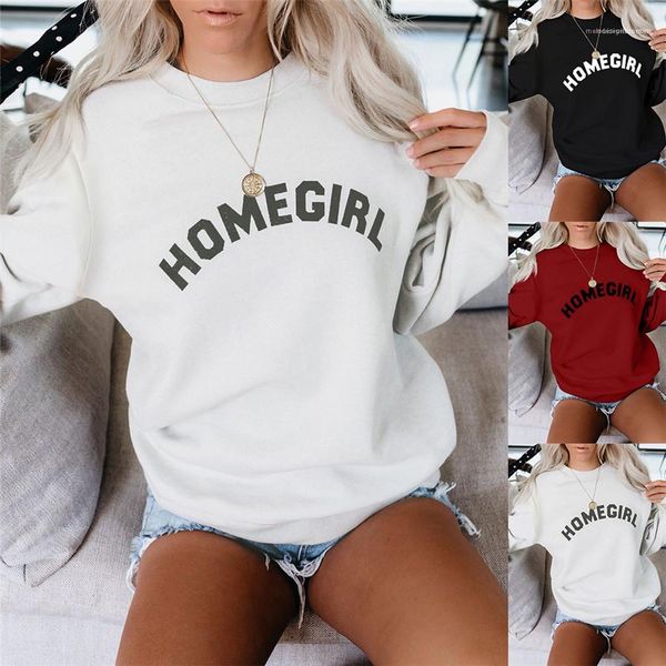 

o-neck long sleeve ladies sweatshirts casual solid color femme clothes homegirl womens hoodies letters printed loose, Black