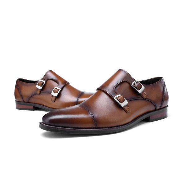 

double monk strap oxford shoes mens genuine leather dress shoes painted toe classy office party formal for men d15, Black