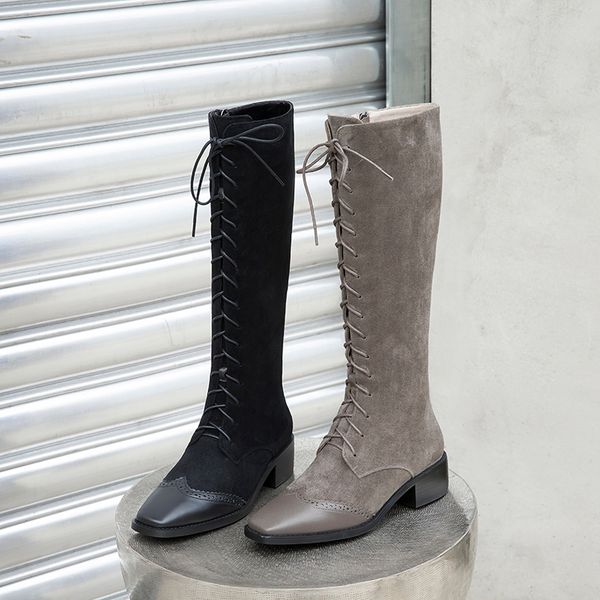 

female women knee high boots genuine leather warm boots party casual 4cm med heels shoes woman, Black