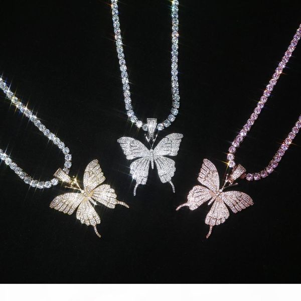 

iced out animal pink butterfly pendant with tennis chain gold silver rosegold cubic zircon men women hiphop necklace jewelry