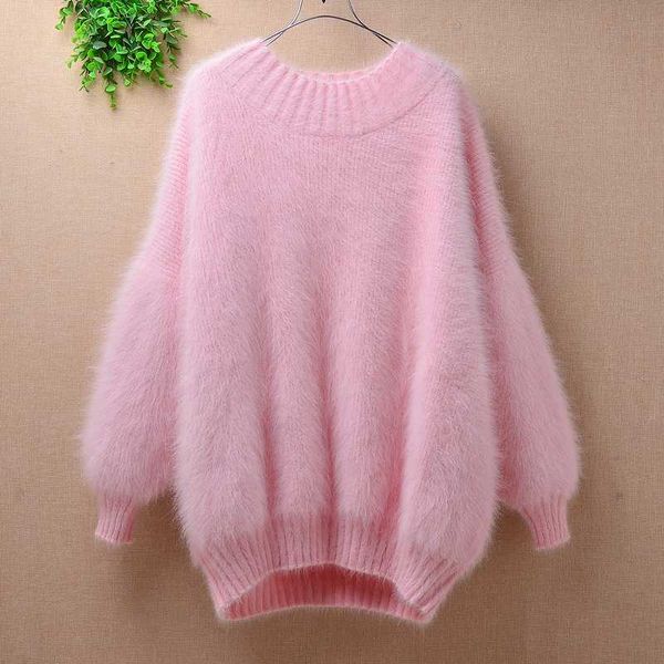

female women winter thick warm medium long plus size mink cashmere long puff sleeves angora fur pullover sweater dress, White;black