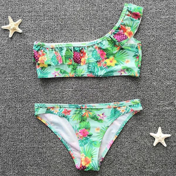 

women's swimwear 7-16 years teenager girl bikini floral print swimsuit kids two piece children one shoulder beach bathing suit, White;black