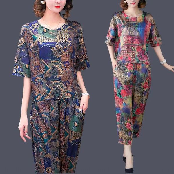 

spring and summer ethnic style suit middle-aged printed short-sleeved t-shirt ankle-length pants two-piece suit trousersnational tr, Gray