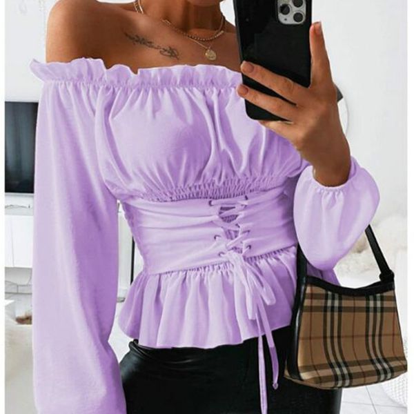 

women fashion fall and autumn long sleeve off shoulder butterfly sleeve lace up solid color blouse casual shirt, White