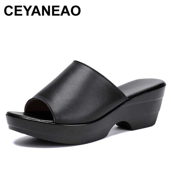 

ceyaneao women slipper 2020 ladies summer genuine leather slippers shoes women high heels fashion wedge summer shoes, Black
