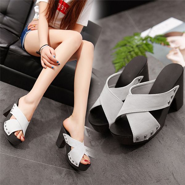 

slippers women cross strap chunky heel sandal thick high-heeled flip flop open toe sandals gladiator casual summer rome, Black