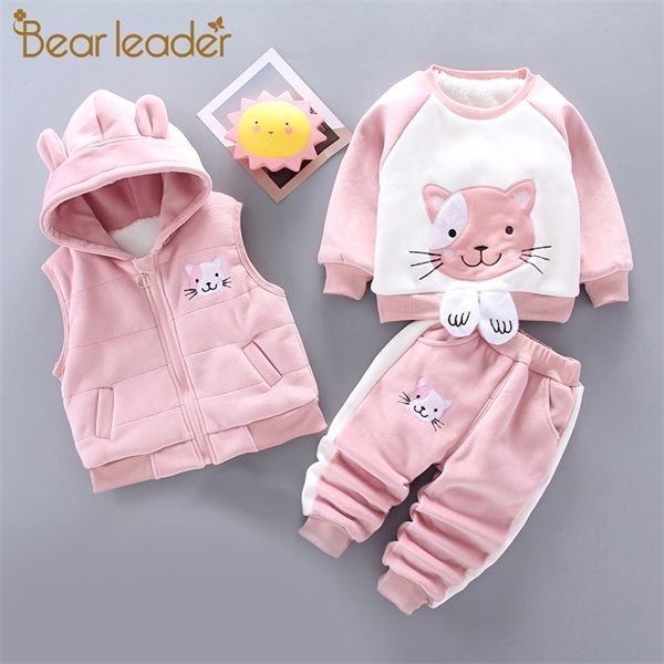 

bear leader girls kids winter cartoon warm suits 3pcs zipper vest with hat and cat pattern sweat and striped pants girls outfits 0926, White