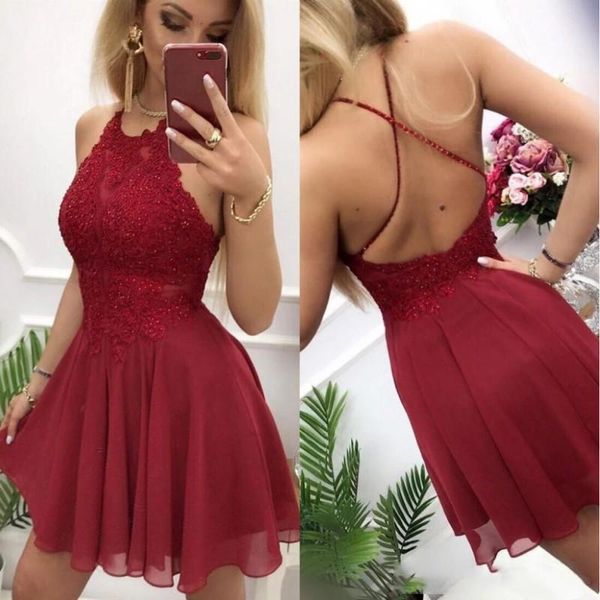 Chic Top Mini Vestidos Homecoming Burgundy Lace frisada Correias curto Prom Dress Chiffon Skirt Backless Cocktail Dresses Z14