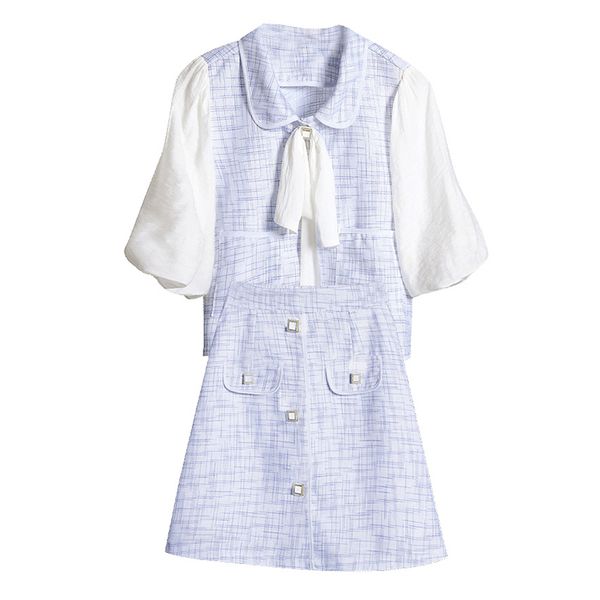 

возможно u синий абрикос плед пэчворк лук слоеного короткий рукав кнопка верхней империи мини-line юбка элегантные две части набор t0327 x09, Gray