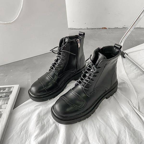 

lace up boots round toe booties ladies shoes boots-women luxury designer flat heel med lolita 2020 ankle rock autumn fashion, Black