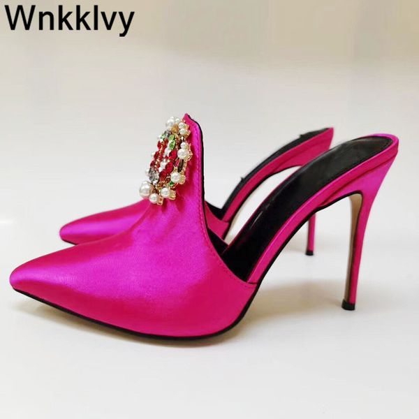 

new high heel slippers summer silk stain pearl beaded crystal flower decor pointed toe dress party sandals stilettos women, Black
