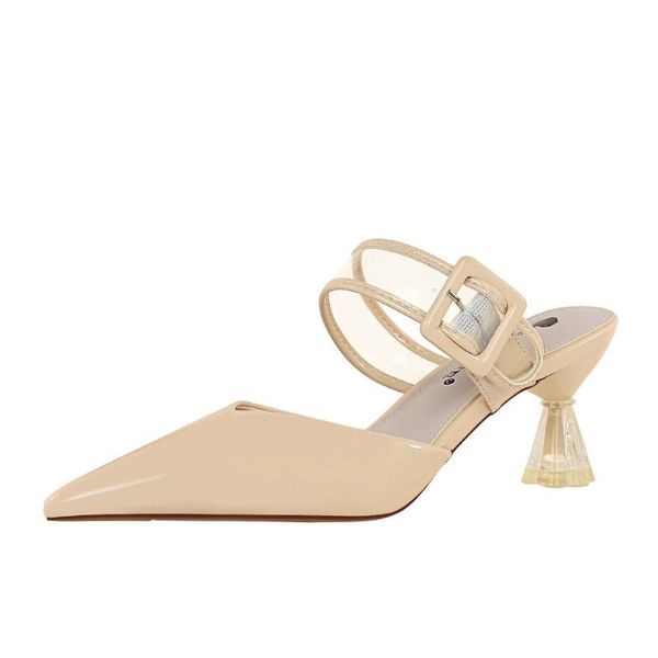 

korean crystal high-heeled paint shallow mouth pointed toe transparent hollow out belt buckle daily slippers sandals shoes k0338, Black