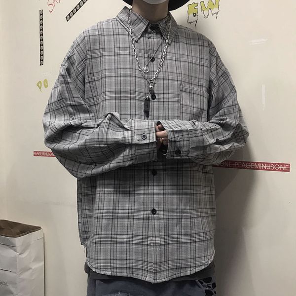 

men's casual shirts autumn korean plaid shirt fashion retro cotton men streetwear wild loose long sleeve mens -xl, White;black