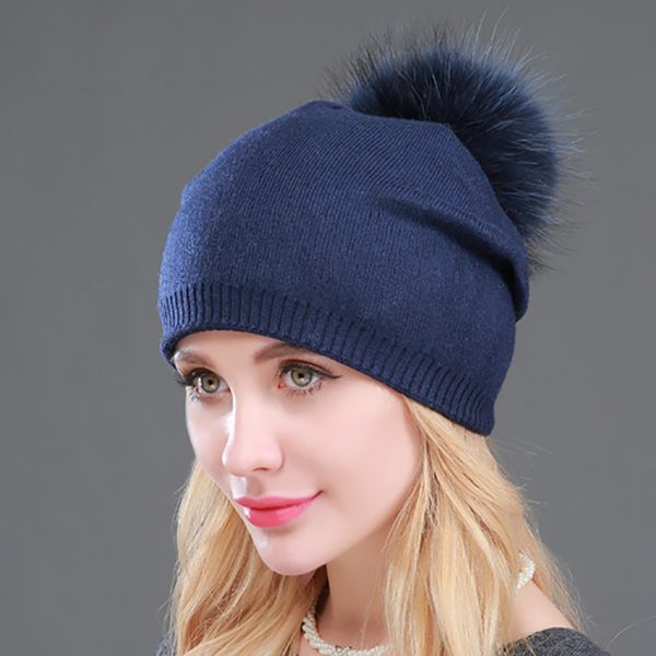 

girl's hat new solid color knitted hat with faux fur pom pom skullie beanie winter for women female cap accessories, Blue;gray