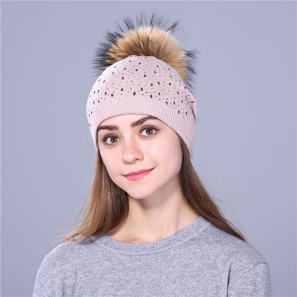 

lady diamond crystal hat female knited hats women's winter natural raccoon fur pompons caps beanies knitted hat b-8506, Blue;gray