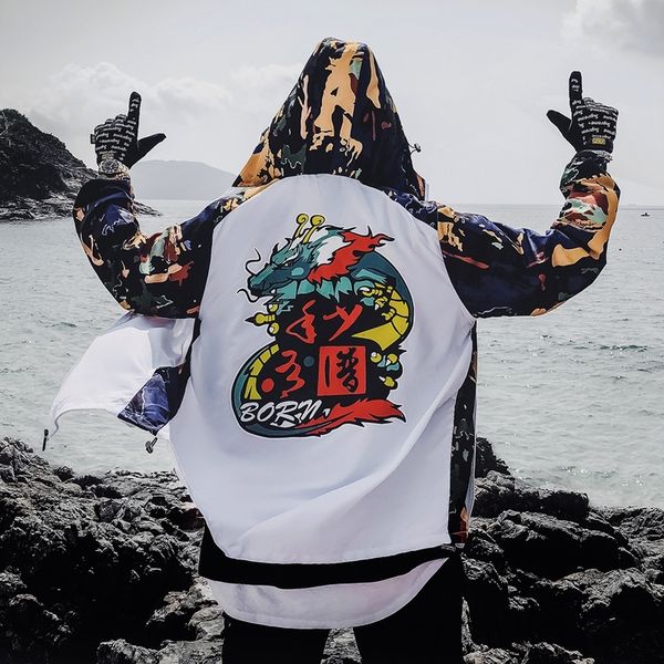 

dragon bomber jacket men outwear streetwear hip hop baseball jacket hooded thin windbreaker jackets fashion patchwork clothes, Black;brown