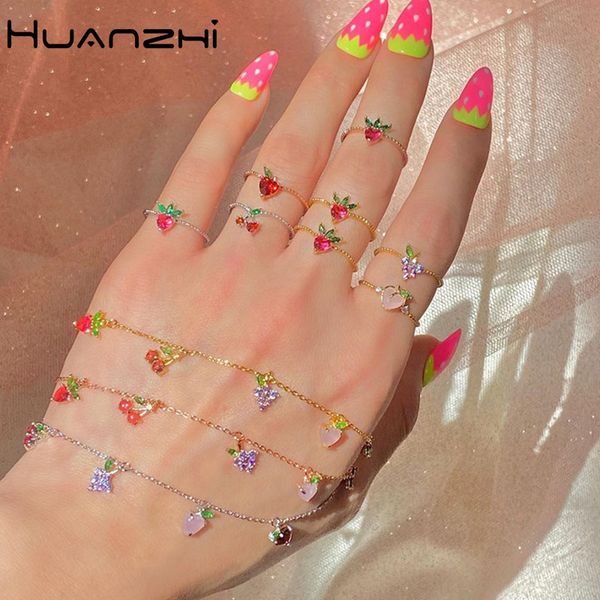 

huanzhi 2020 new cute cherry grape peach fruit colorful zircon pendant gold plated bracelet for women girls party jewelry, Black