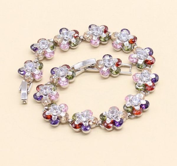 

925 silver bracelet chain pendant stud earrings women flower shape jewelry set christmas gift multi color cubic002, Black