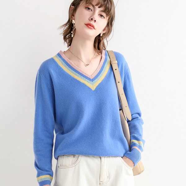 

women's sweaters 100% pure wool knitted sweater woman striped multicolor jumper autumn long sleeve rainbow v-neck pullover soft female, White;black