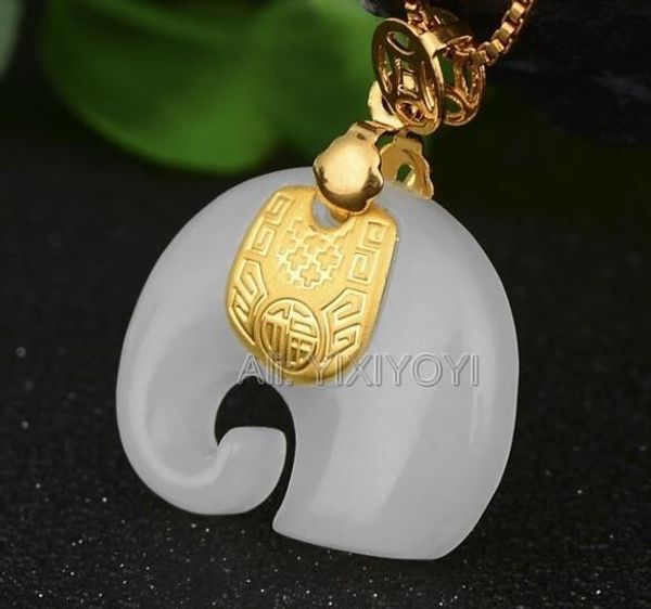 

natural white hetian jade + 18k solid gold inlaid chinese cute elephant amulet lucky pendant + necklace jewelry certificate y19052301, Silver