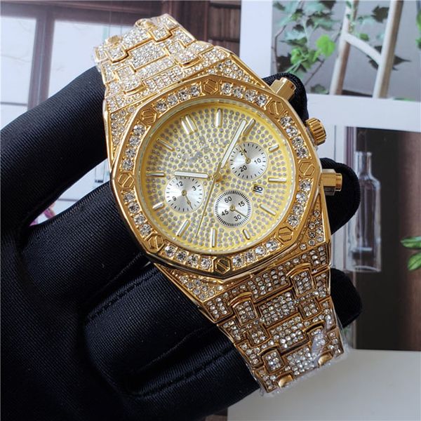 

16 мужская мода кристалл часы все циферблат работы хронограф безель iced out дизайнерские часы кварцевый механизм спортивные наручные часы, Slivery;brown