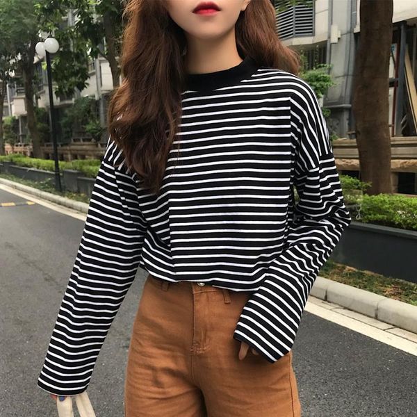 

women's t-shirt striped t-shirts women long sleeve leisure simple students t shirt female soft warm korean ladies autumn winter outwea, White