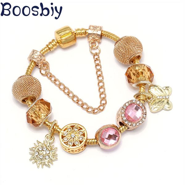 

boosbiy gold color charms bracelets with sun & butterfly beads pendants fit brand bracelet for women fashion jewelry gift, Golden;silver