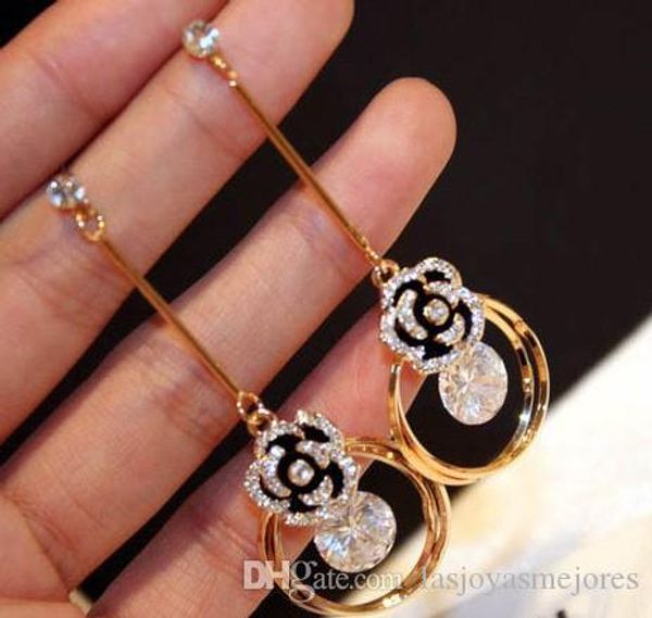 

super glittering fashion luxury designer zircon camellia flower long drop pendant stud dangle chandelier earrings for woman girls, Golden;silver