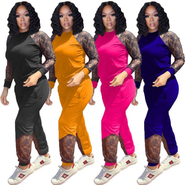 

designer womens two pieces pants lace panelled long sleeve bodysuit crew neck 2 piece tracksuits sweatpant jogger suit women sportswear, White