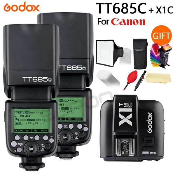 

flashes 2x godox685685c 2.4g wirelessl high-speed sync 1/8000s gn60 flash speedlite + x1t-c transmitter for dslr camera