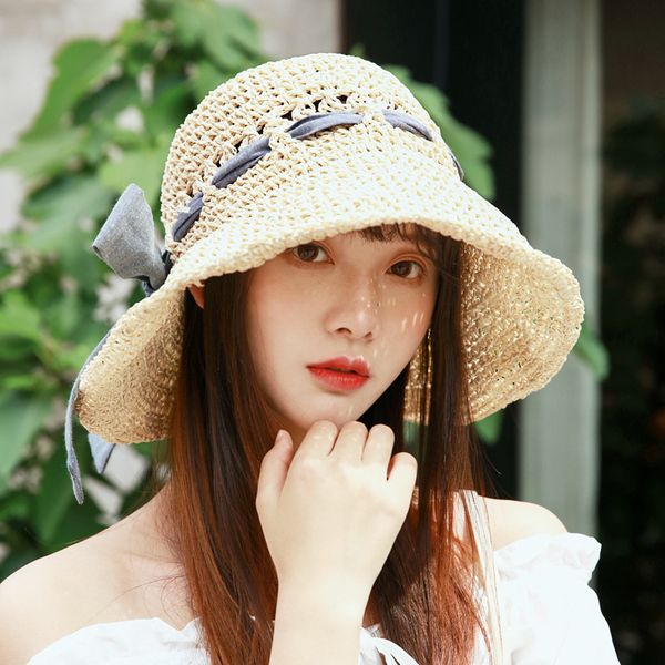 

big bow wide brim sun hats for women holiday beach summer sun hat cap hand made starw hat soft female beach, Blue;gray