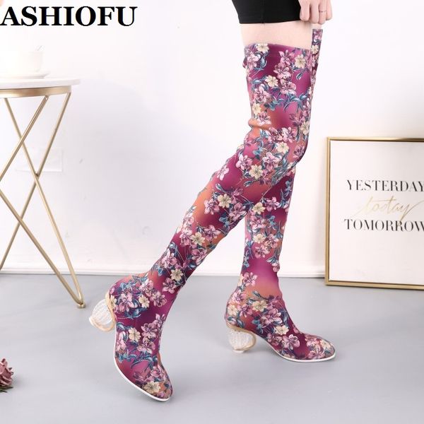 

ashiofu new handmade ladies crystal heel boots flower-leather classic over knee boots party evening winter fashion thigh, Black