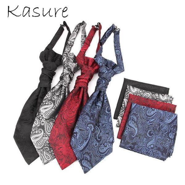 

kasure men's vintage necktie formal cravat ascot scrunch handkerchief set luxury polyester silk neck tie set cravat ascot, Black;gray