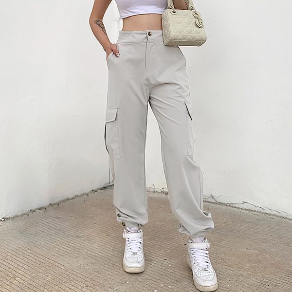 

nclagen women casual pants fashionable solid color loose high waist button foot binding overalls cargo pants omighty trousers, Black;white