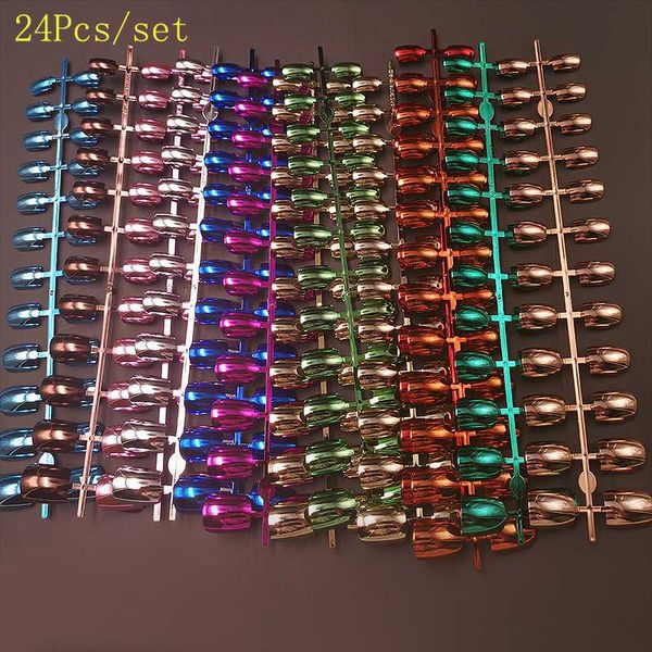 

false nails nail tips 24pcs uv metal plated short full cover stiletto coffin fake art decorations makeup, Red;gold