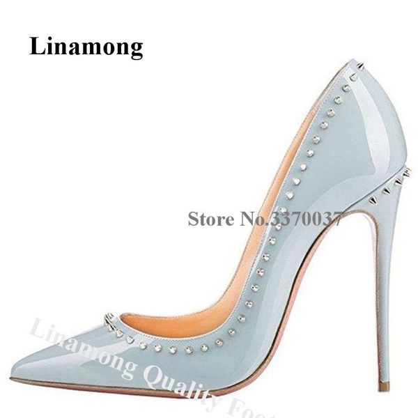 

linamong brand design pointed toe patent leather stiletto heel rivet pumps grey red studded 12cm slip-on high heels big size, Black