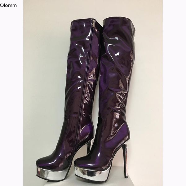 

olomm handmade women platform knee high shiny boots thin high heels round toe gorgeous purple party shoes women us size 5-15, Black