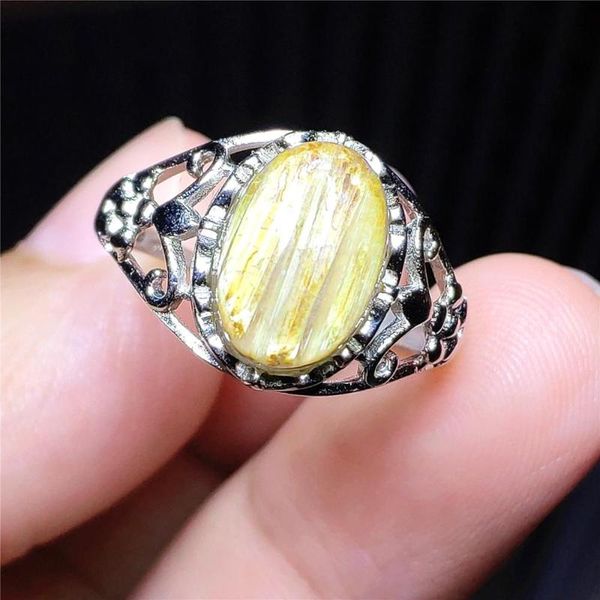 

cluster rings genuine natural gold rutilated quartz adjustable ring crystal oval 925 sterling silver wealthy stone 12x8mm, Golden;silver