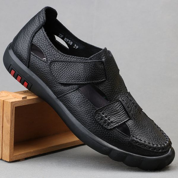 

2020 summer men's genuine leather sandals breathable beach sandals men soft rubber slipper handmade leisure comfortable flats, Black