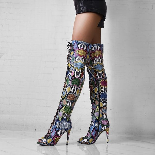 

floral long boots fashion over the knee peep toe lace up hollow breathable shoes runway party high heel mixed color boots, Black