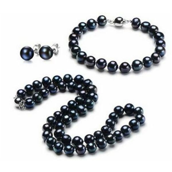 

nouveau 10-11mm naturel tahitien noir perle collier bracelet ensemble de boucles d'oreilles, Black