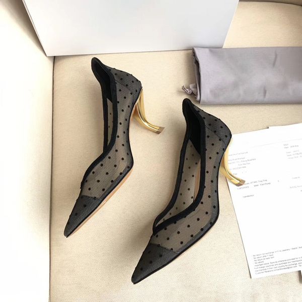 

sandals 19 summer baotou mesh hollow wave point metal cat heel high heeled shoes permeable leather fineheeled tip shallow mouth single shoes, Black