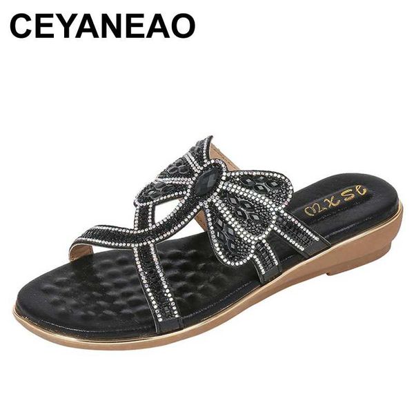 

ceyaneaowomen flat sandals fish mouth leather sandals ladies shoes crystal open toe casual shoes, Black