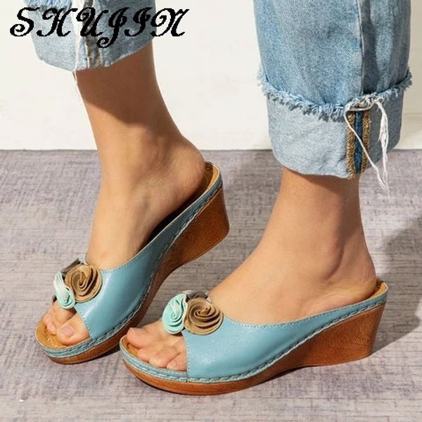 

rome casual sandals women wedges sandals flowers open toe fish mouth med summer women shoes fashion 2020 high heel shoes, Black